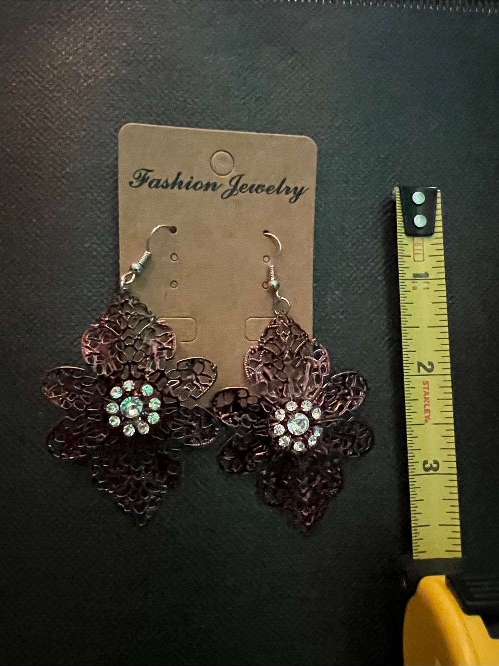 Fashion Jewelry Women's Floral Drop Earrings in Deep Plum with Clear Crystals